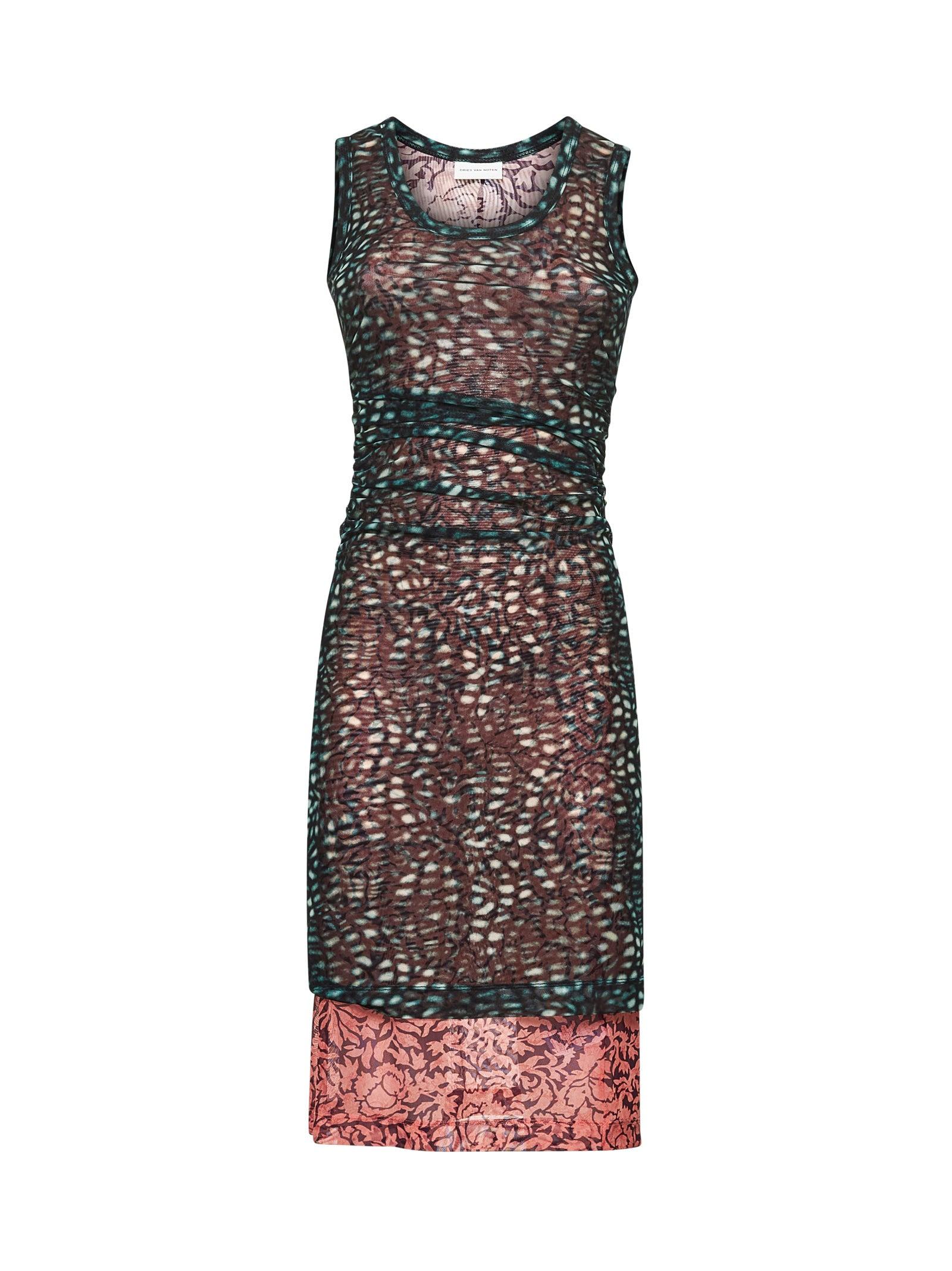 DRIES VAN NOTEN Printed mesh layered midi dress