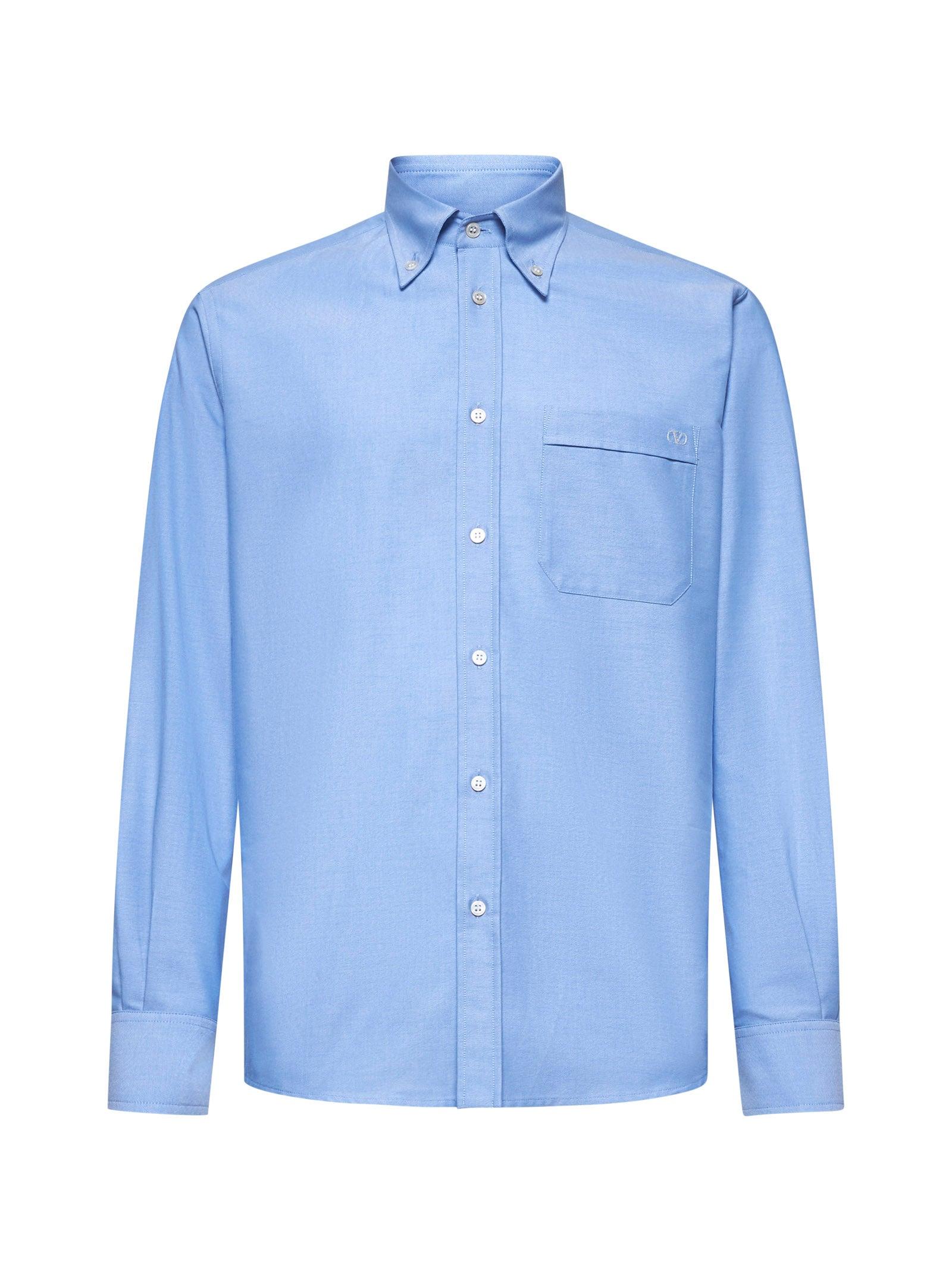 VALENTINO Light Blue VLogo Embroidery Cotton Shirt