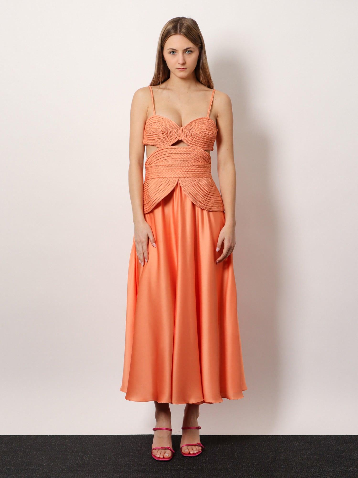 PATBO Satin Sunset Midi Dress with Braided Corset