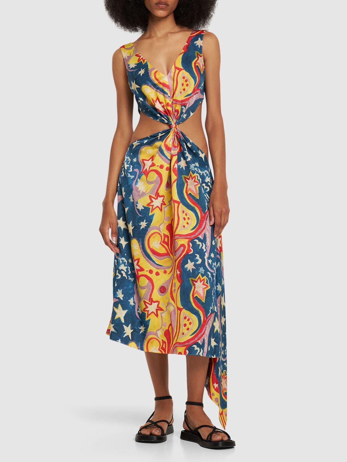MARNI Printed Envers Satin Cutout Midi Dress
