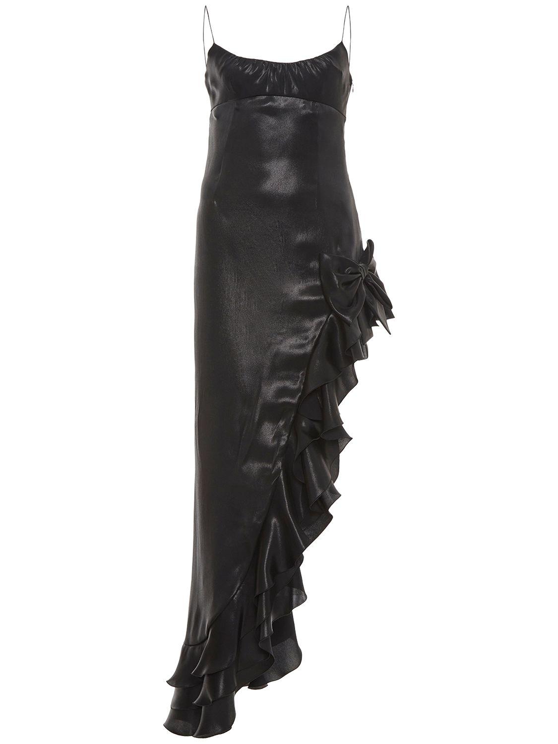 ALESSANDRA RICH Laminated Satin Long Dress with Side Ruffle