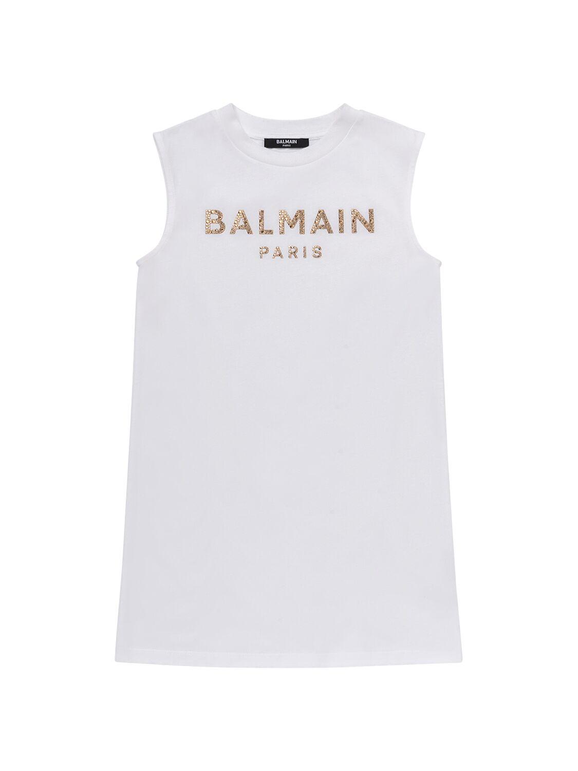 BALMAIN Embellished Logo Cotton Jersey Dress