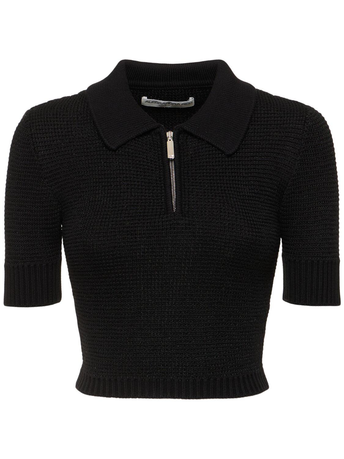 ALESSANDRA RICH Sequined Cotton Blend Knit Polo with Zip