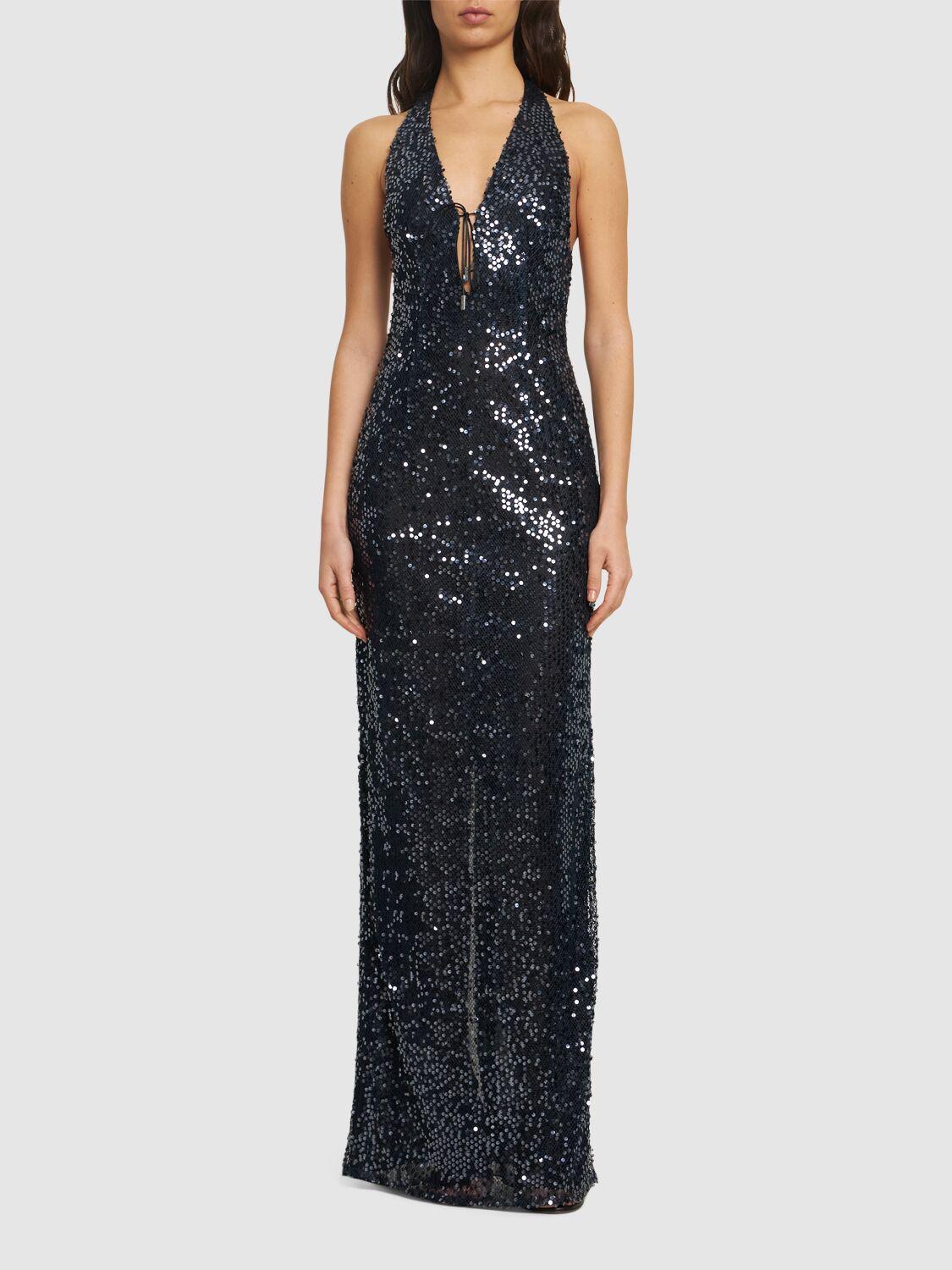 16ARLINGTON Eima Sequined Open Back Gown