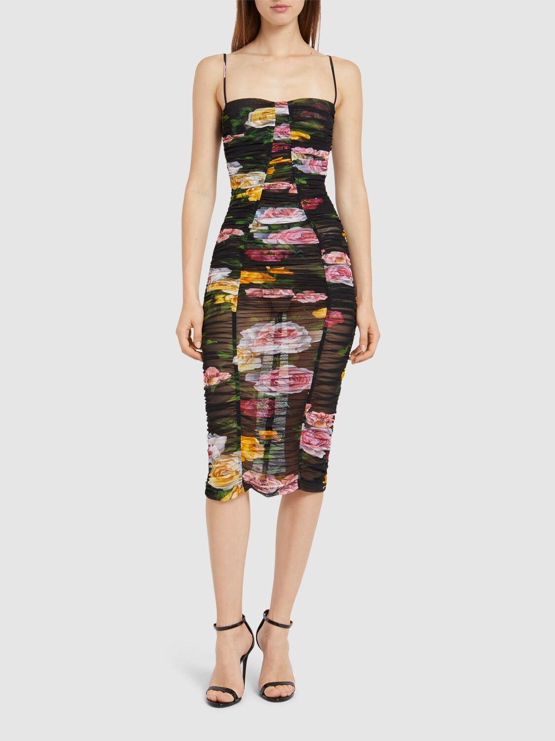 DOLCE & GABBANA Printed Stretch Tulle Midi Dress