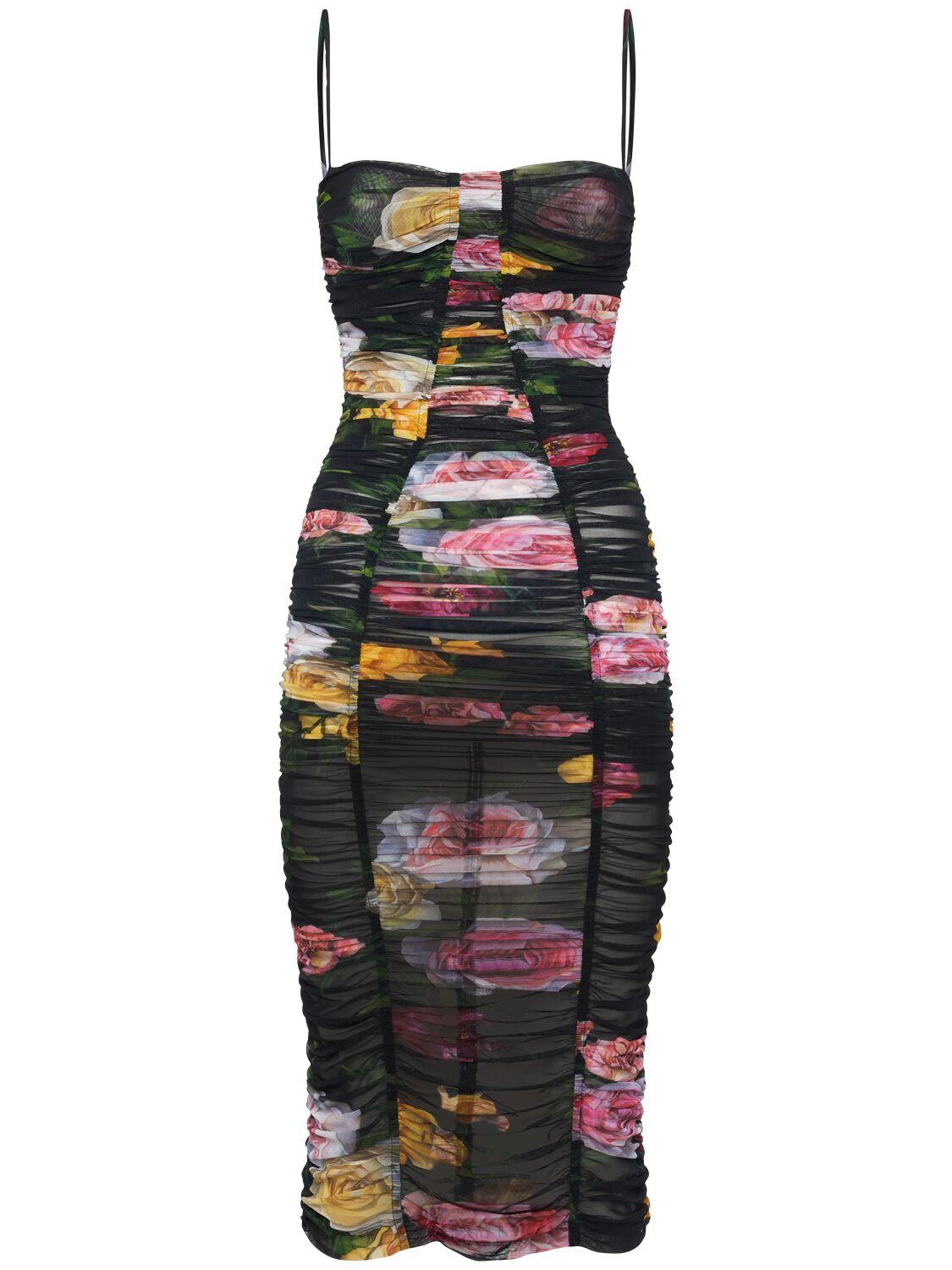 DOLCE & GABBANA Printed Stretch Tulle Midi Dress