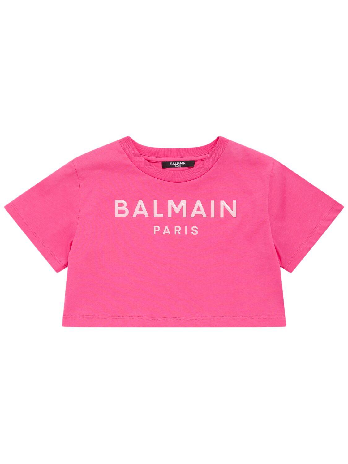 BALMAIN Printed Cotton Jersey Cropped T-shirt