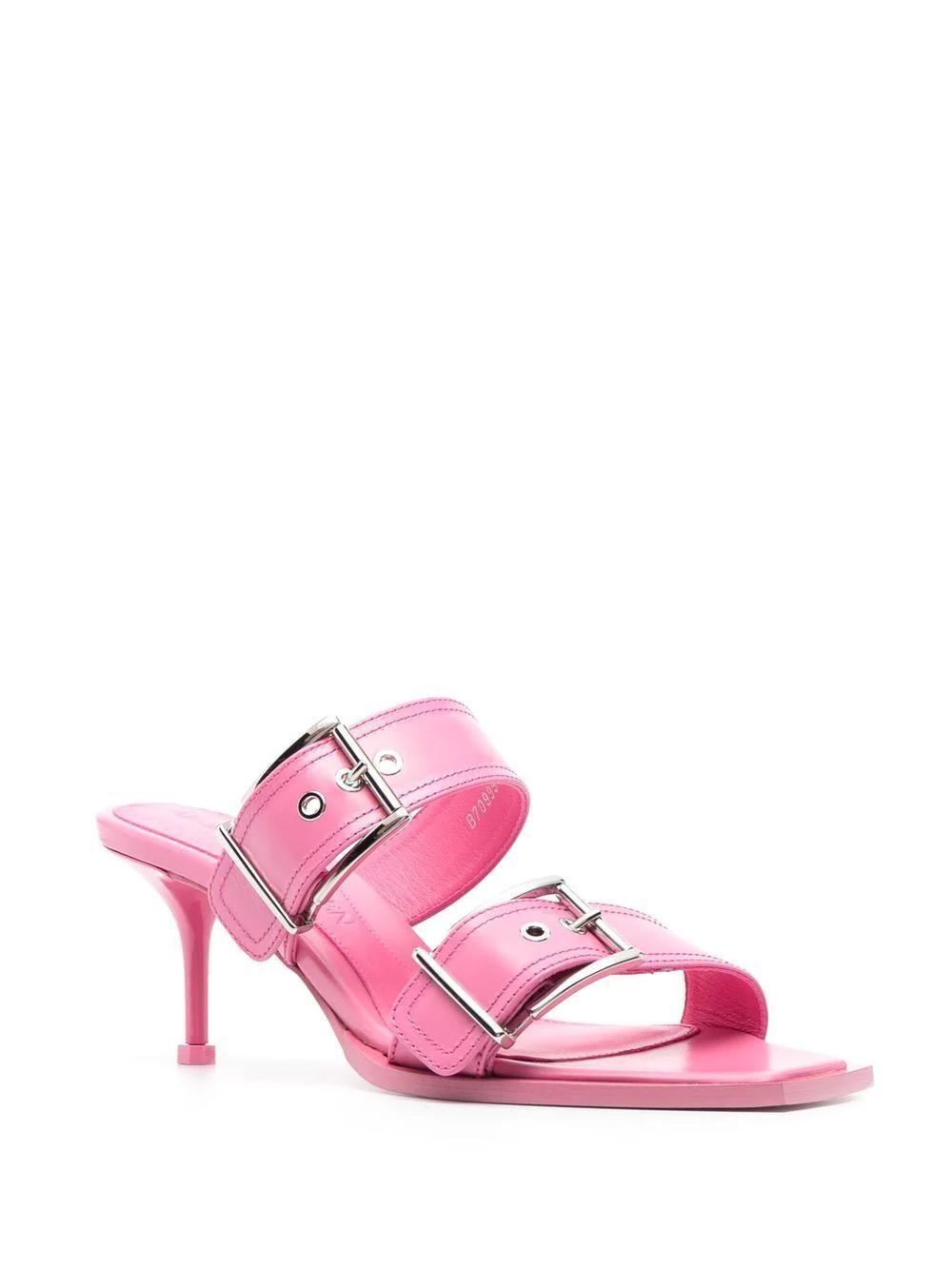 Alexander Mcqueen Women's Double Buckle Punk Mules 90Mm in S.pink/Sil