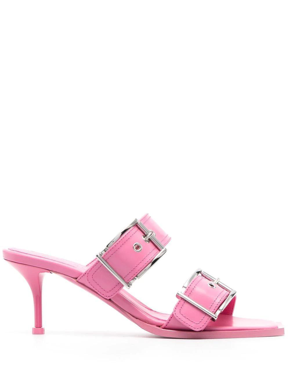 Alexander Mcqueen Women's Double Buckle Punk Mules 90Mm in S.pink/Sil