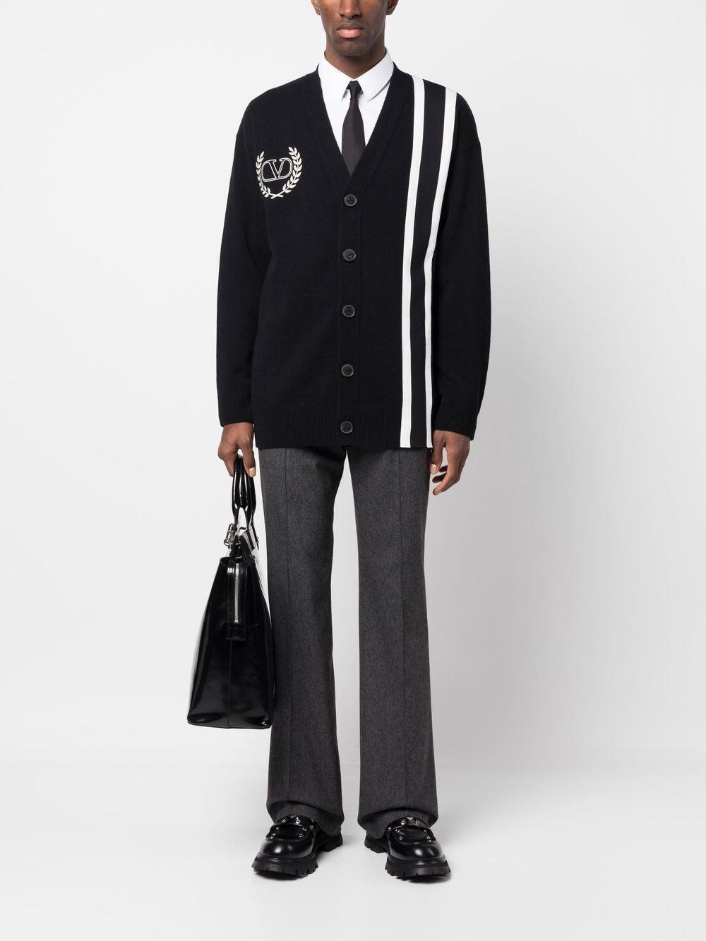 Valentino Men's Embroidered Logo With Stripes Cardigan in Nero/Avorio