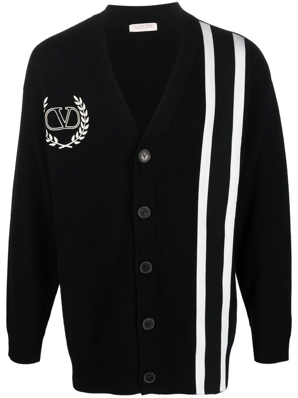 Valentino Men's Embroidered Logo With Stripes Cardigan in Nero/Avorio
