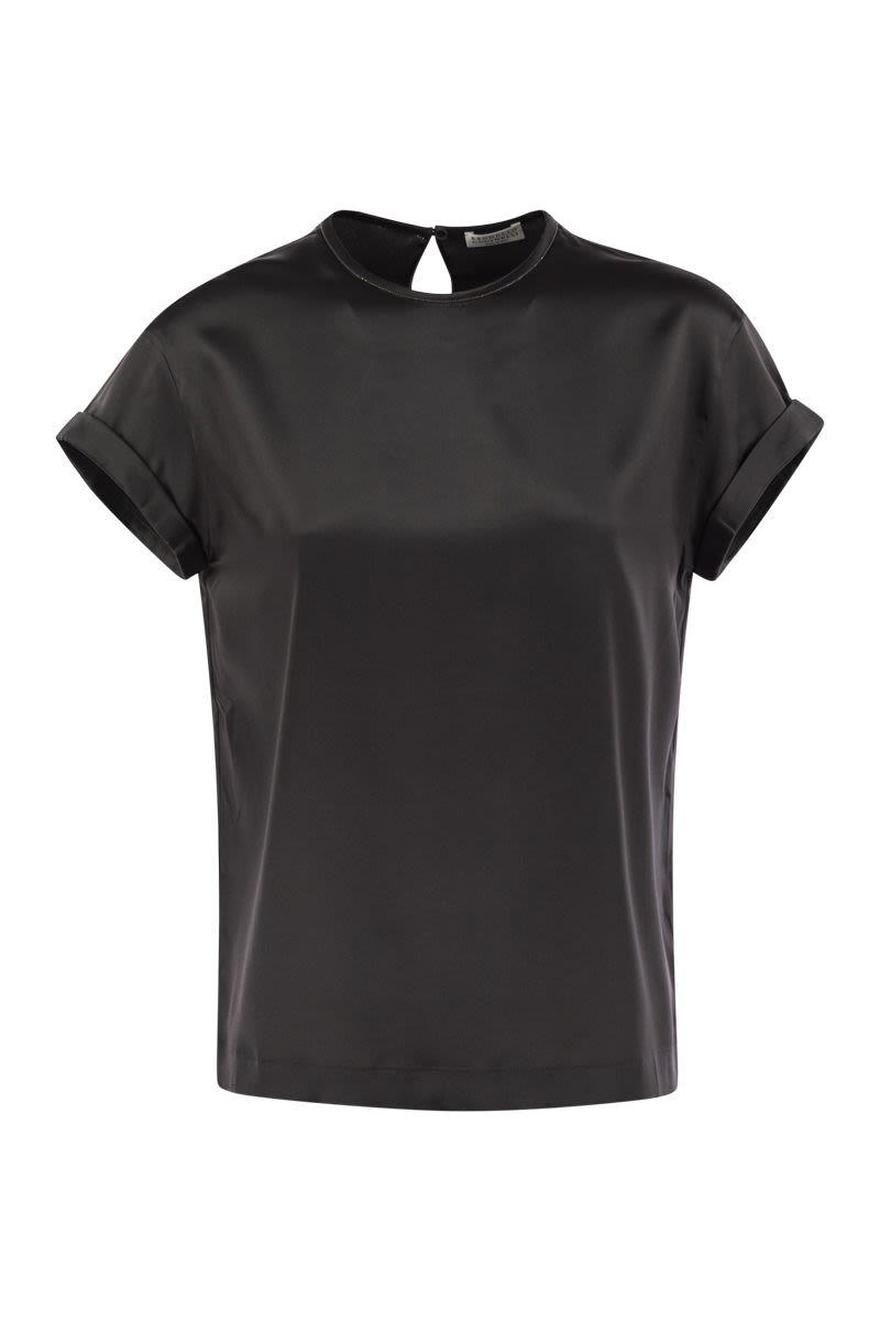 Brunello Cucinelli Women's Stretch Silk Satin T-Shirt With Necklace in Anthracite