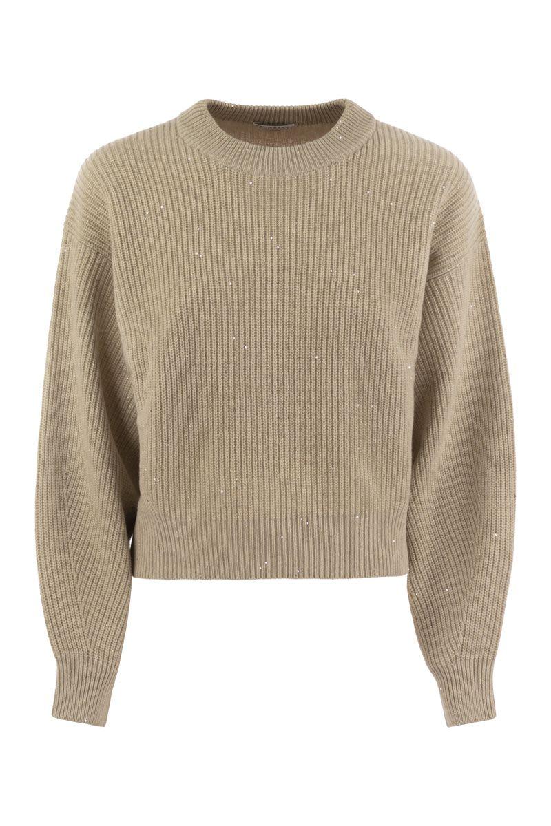 Brunello Cucinelli Women's Dazzling Ribbed Sweater In Cashmere And Wool in Beige