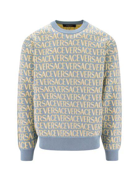 Versace Men's Cotton Crew-Neck Sweater in Light Blue and Allover Logo Jersey