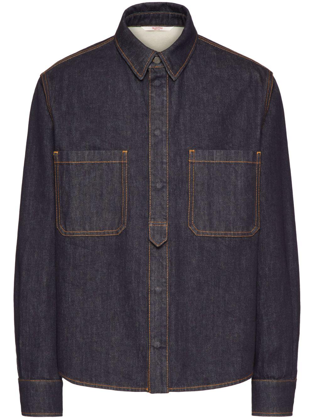 Valentino Men's Navy Cotton Shirt with Embroidered Logo and Contrast Stitching