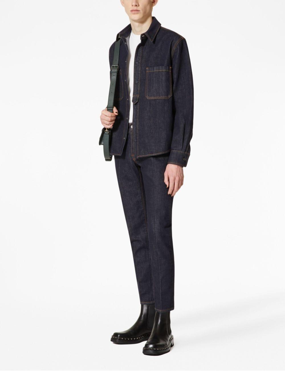 Valentino Men's Navy Cotton Shirt with Embroidered Logo and Contrast Stitching