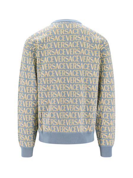 Versace Men's Cotton Crew-Neck Sweater in Light Blue and Allover Logo Jersey