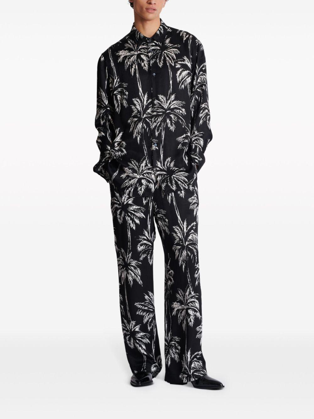 Balmain Men's Palm Print Satin Shirt in Blackwhite