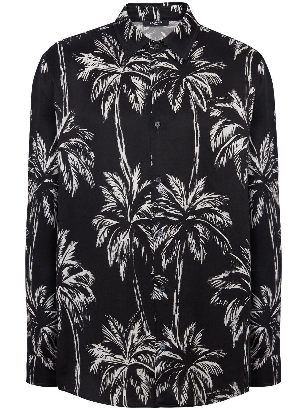 Balmain Men's Palm Print Satin Shirt in Blackwhite