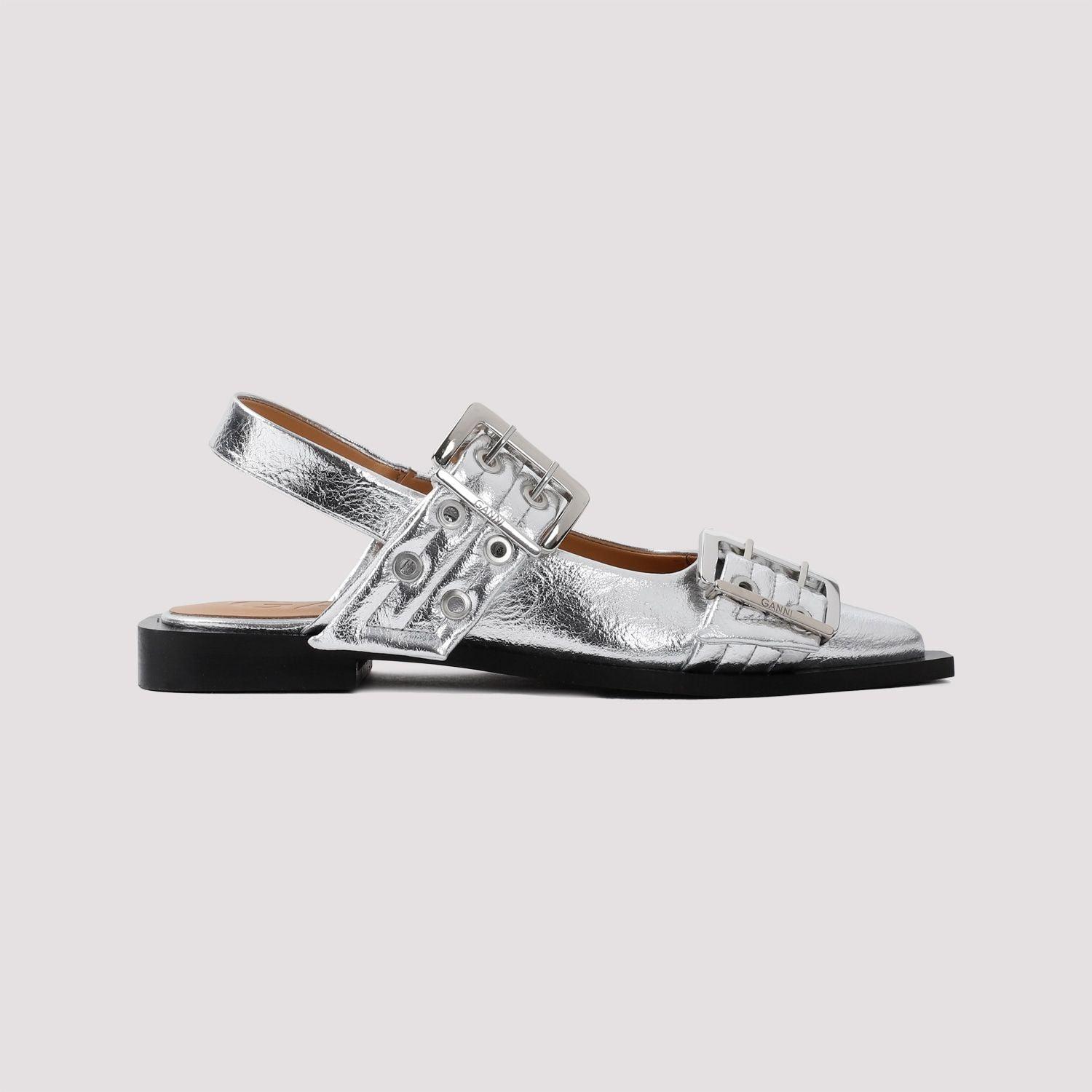 Ganni Women's Feminine Buckle Ballerinas Sandal in Silver