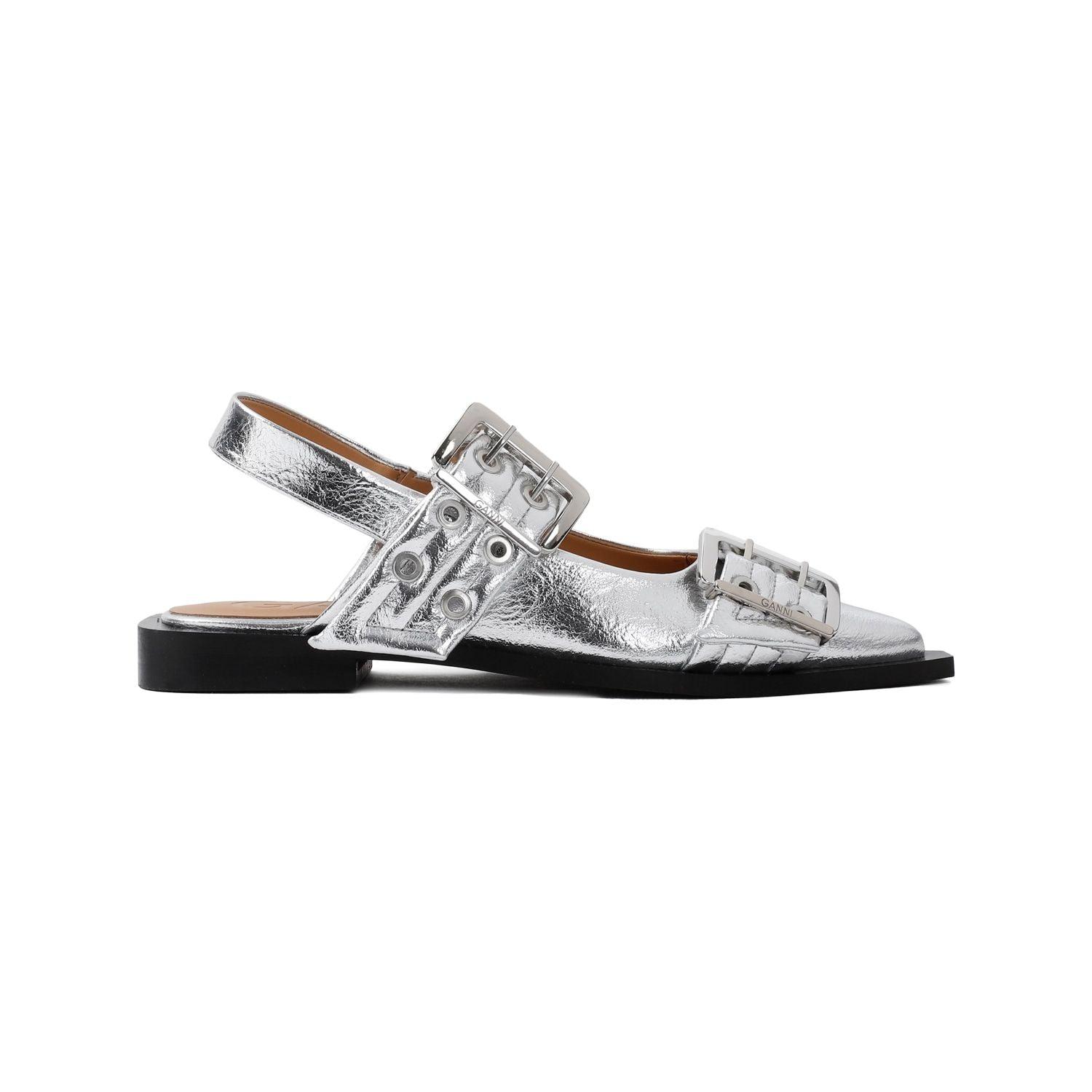 Ganni Women's Feminine Buckle Ballerinas Sandal in Silver