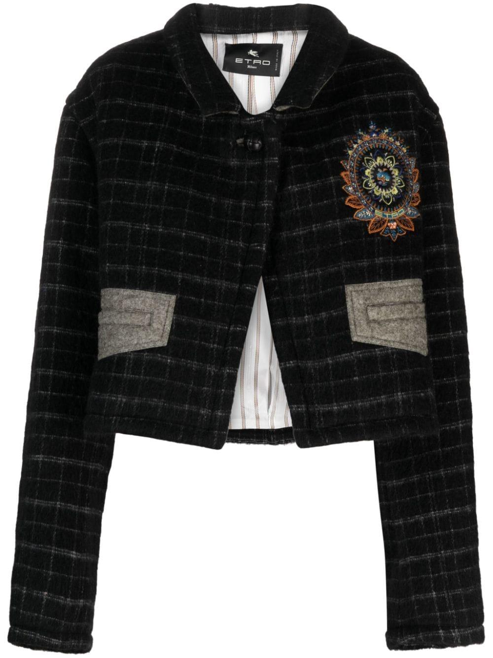 Etro Women's Wool Blend Cropped Jacket with Embroidery and Check Motif in Black