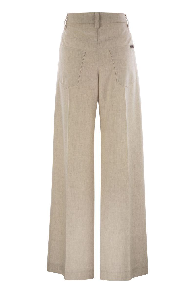 Brunello Cucinelli Women's Wide High-Waisted Wool and Cashmere Trousers with Necklace in Beige