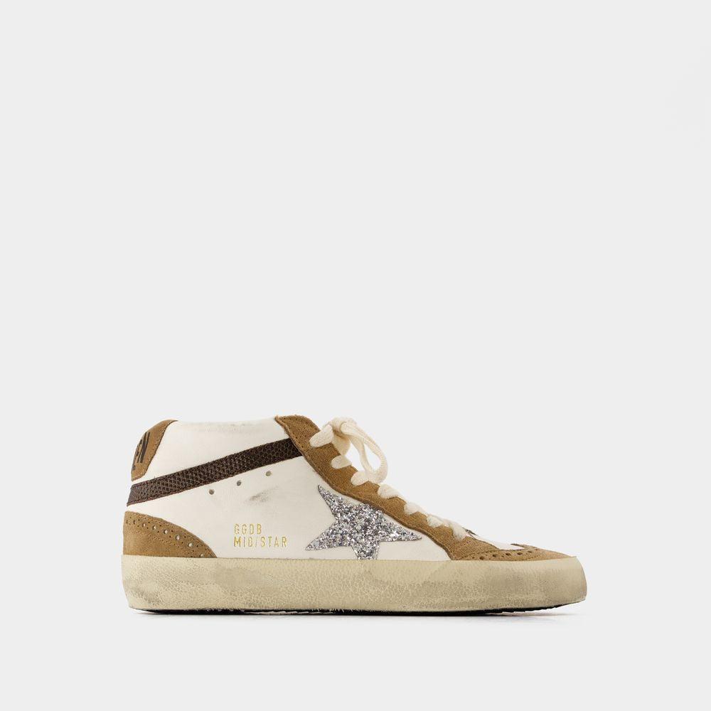Golden Goose Women's Mid Star Sneaker in White/Tobacco/Silver