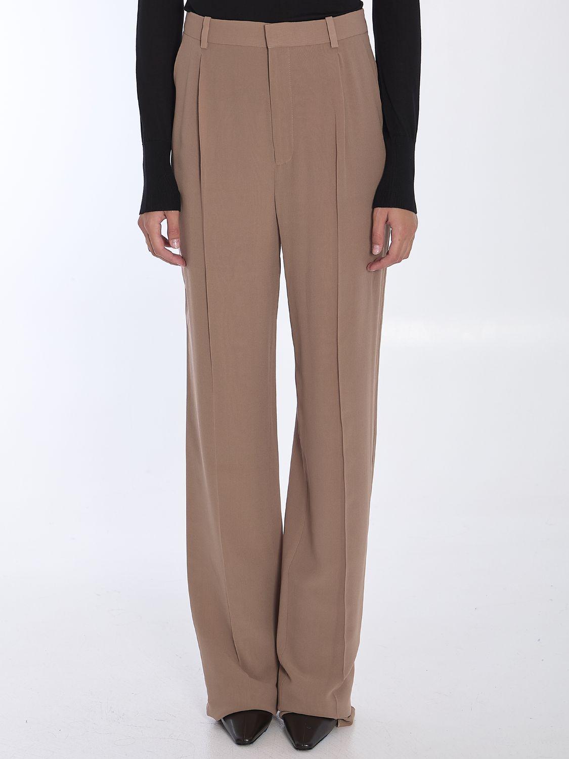 Saint Laurent Women's Silk Crêpe and PLI Georgette Trousers in Beige and Cappuccino