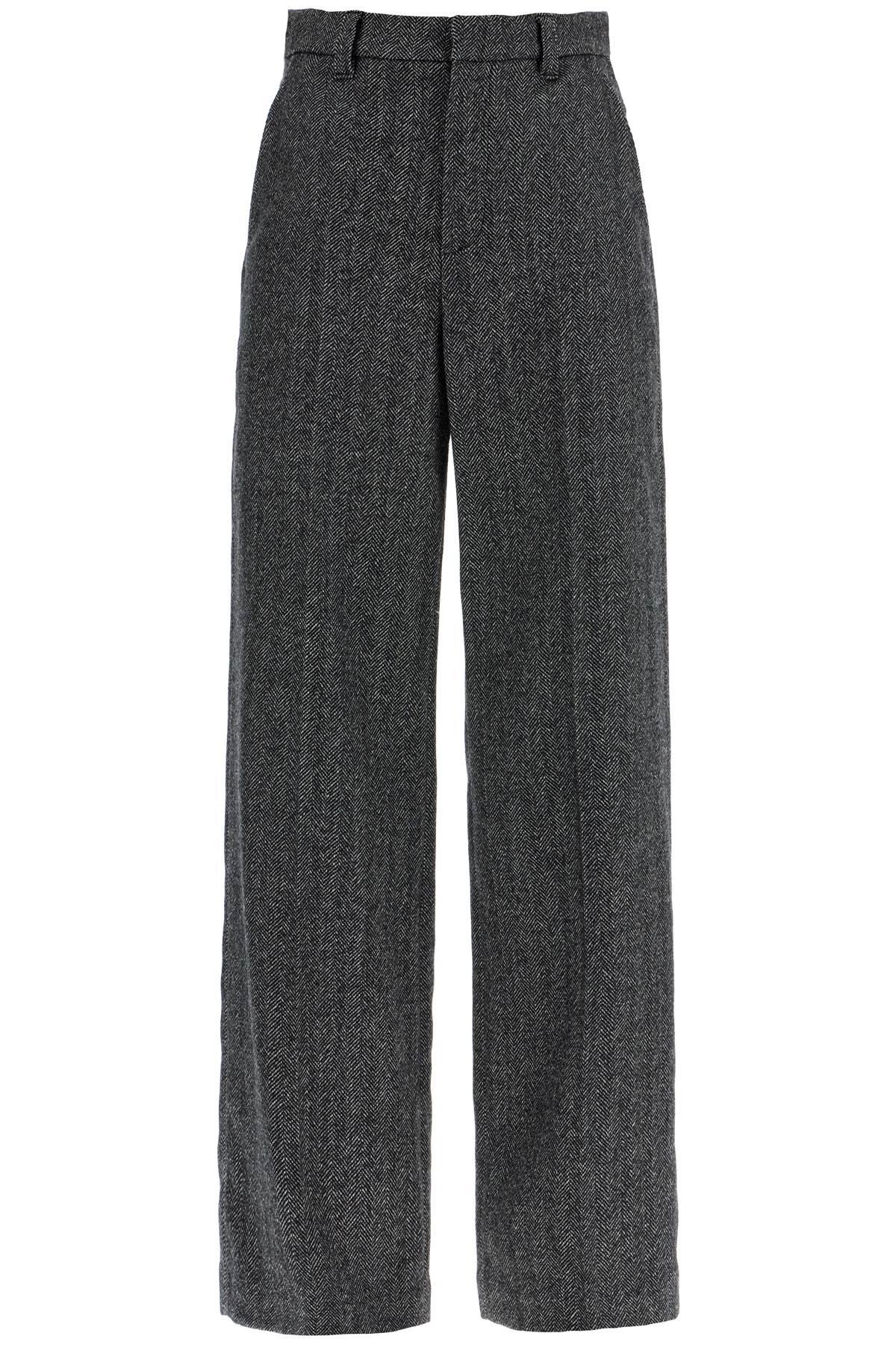 Brunello Cucinelli Women's Loose Sartorial Chevron Carded Techno Wool Trousers in Black