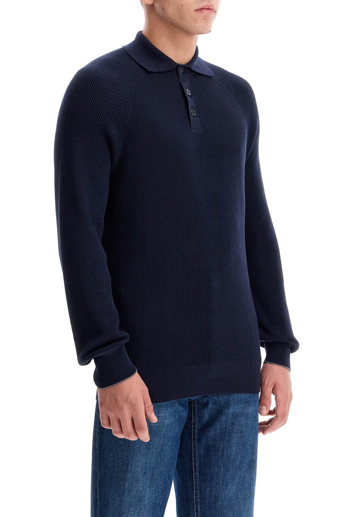 Brunello Cucinelli Men's Cotton Rib Knit Polo Shirt With Long Raglan Sleeve in Navy