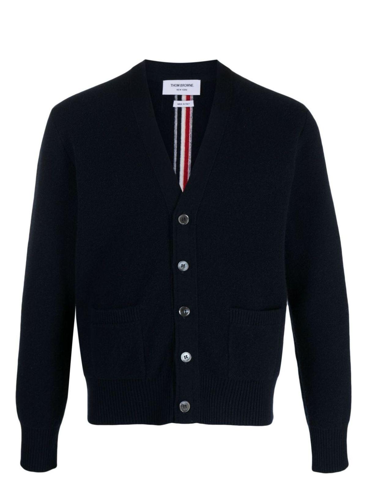 Thom Browne Men's Navy Wool Cardigan with Tricolour Insert