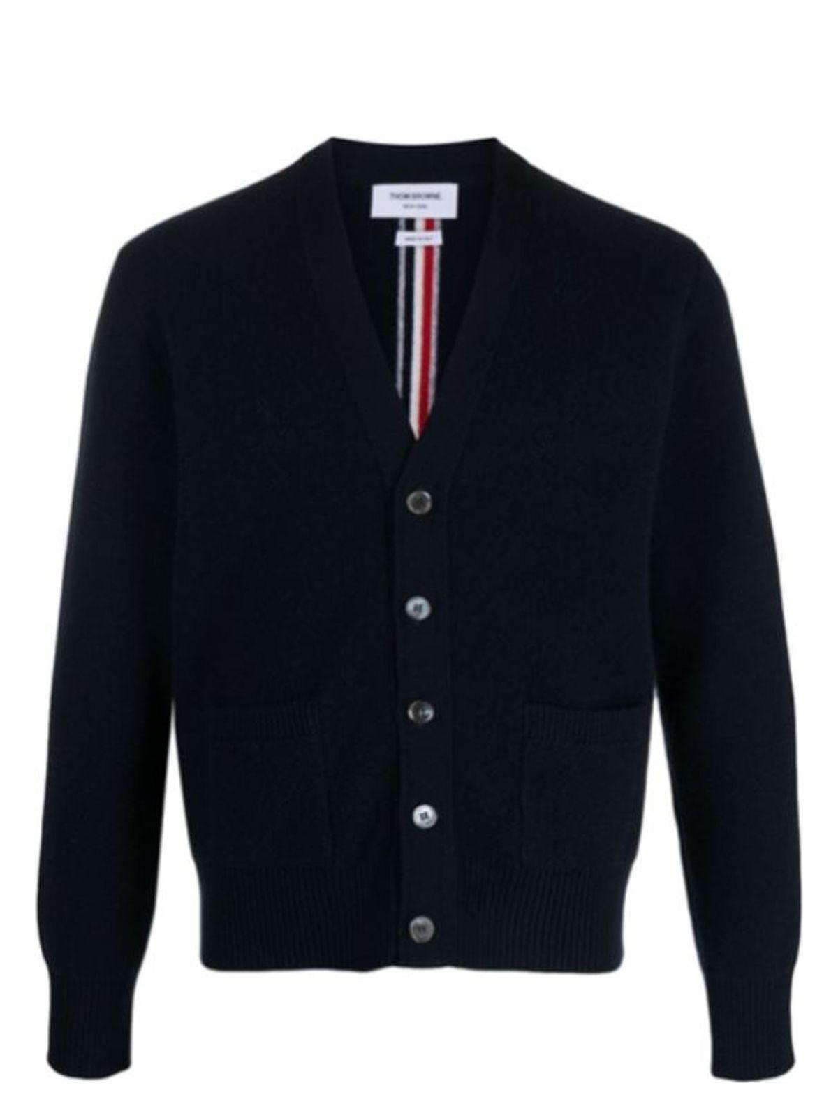 Thom Browne Men's Navy Wool Cardigan with Tricolour Insert