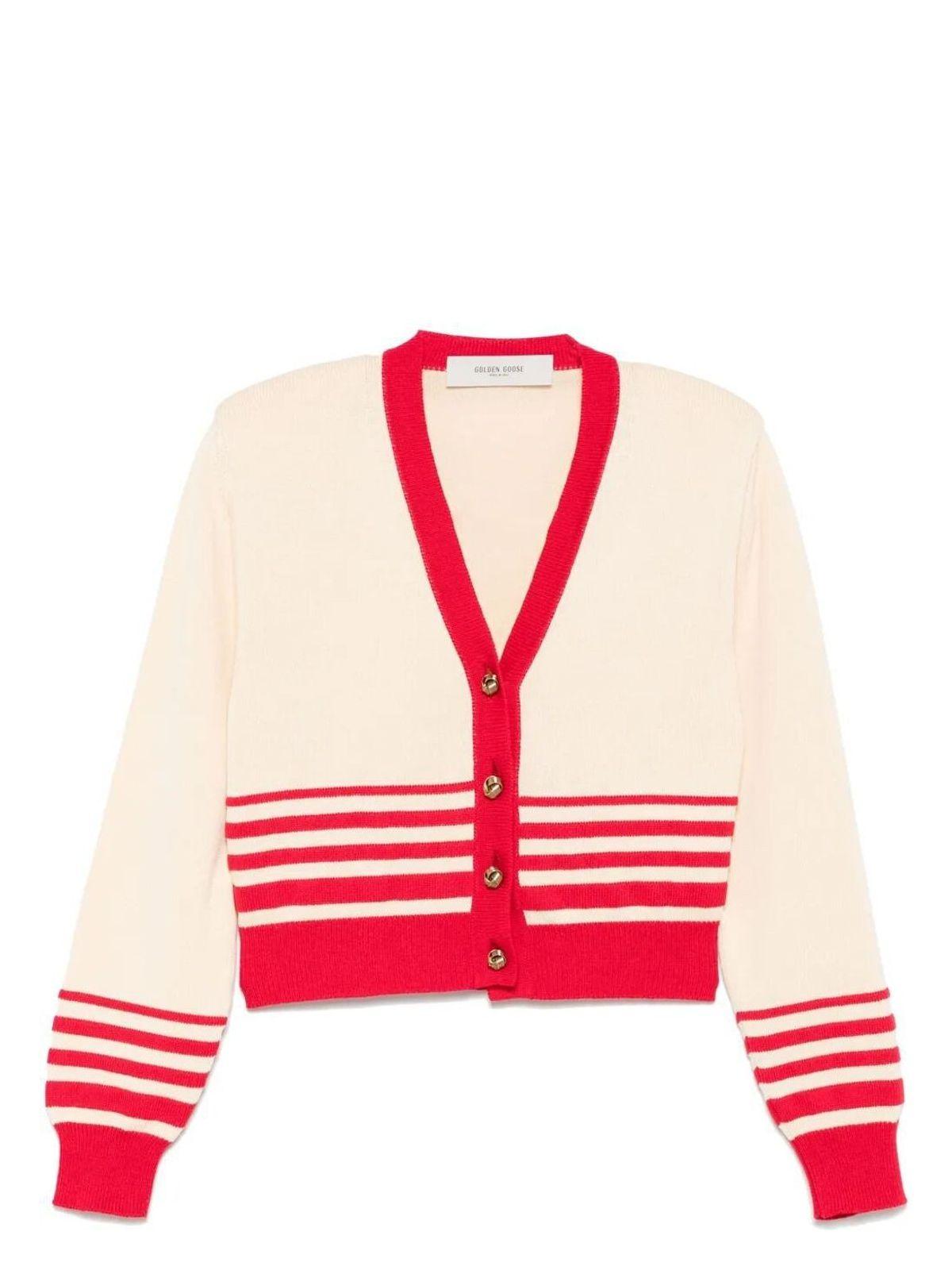Golden Goose Women's Journey Cropped Cotton Cardigan and Cardigan With Red Stripes in Beige