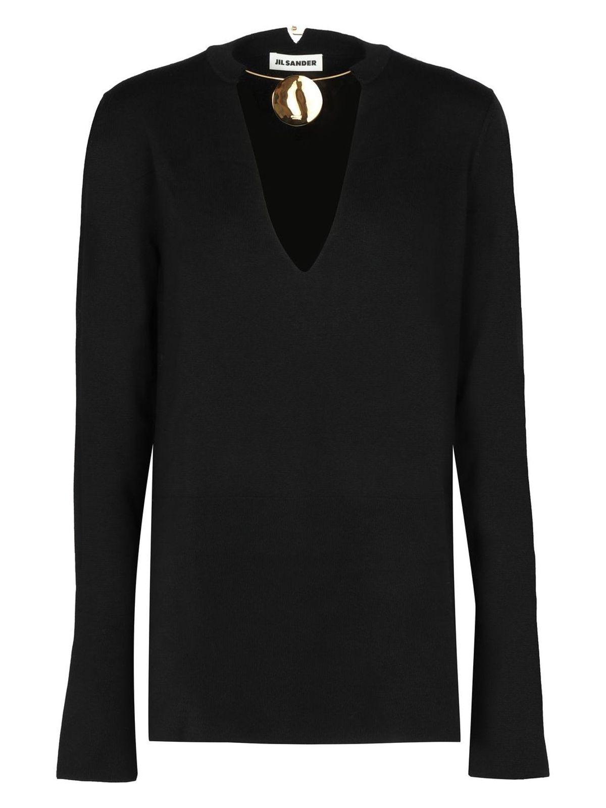 Jil Sander Women's Wool Sweater & Superfine Merino Crew Neck Knit with Integrated Jewel Necklace