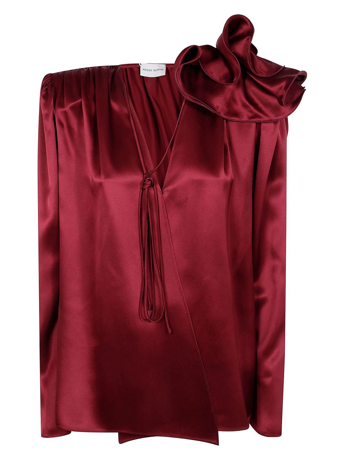 Magda Butrym Women's Satin Blouse Shirt in Red with Rose Detail