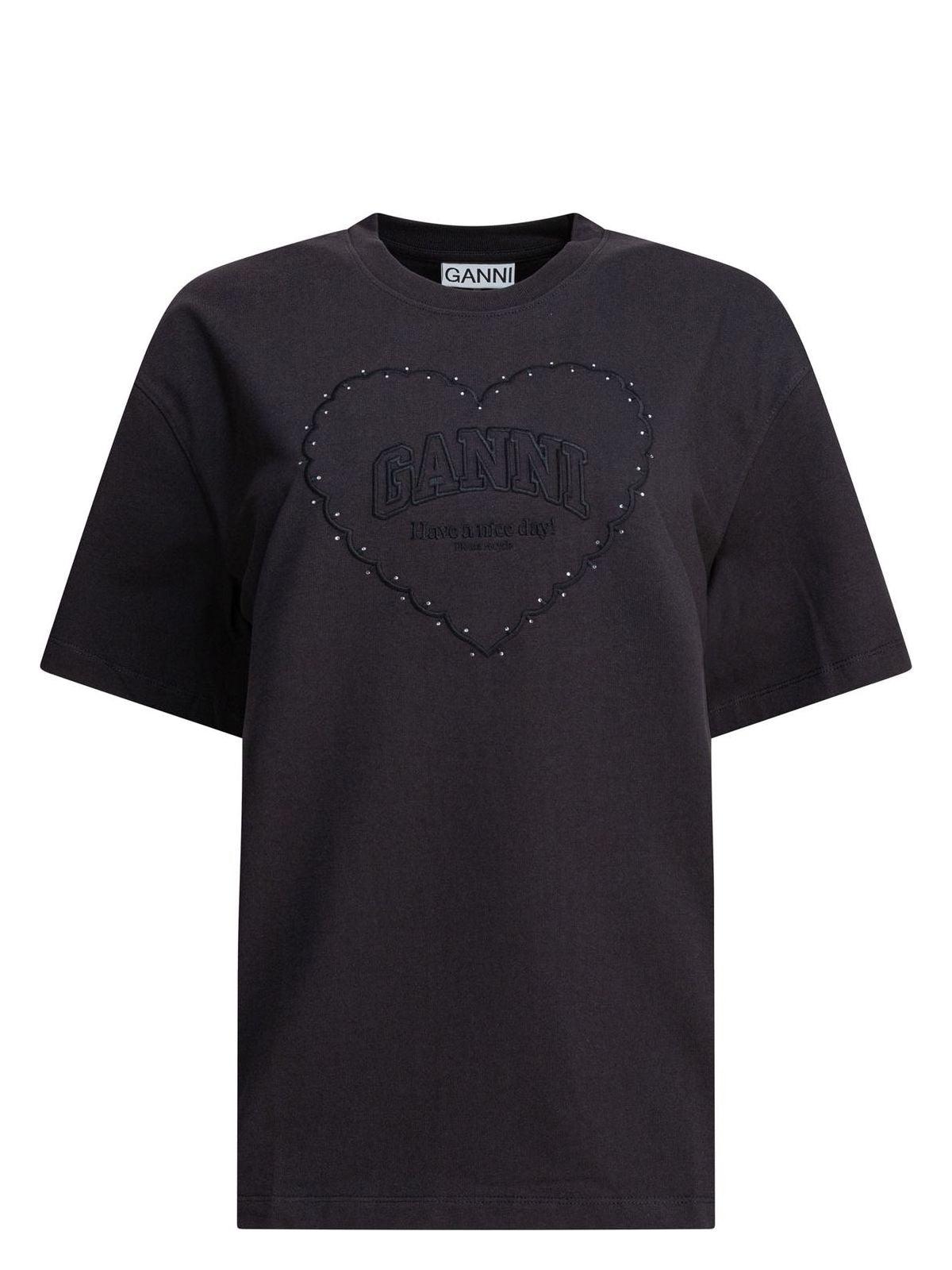 Ganni Women's Heavy Cotton Drop Shoulder Heart T-Shirt in Black