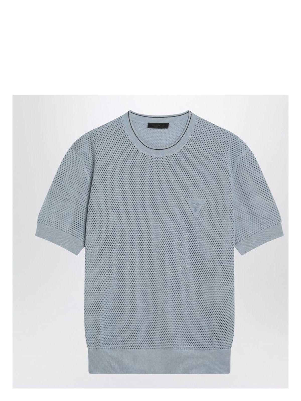 Prada Men's Short-Sleeved Perforated Shirt in Light Blue