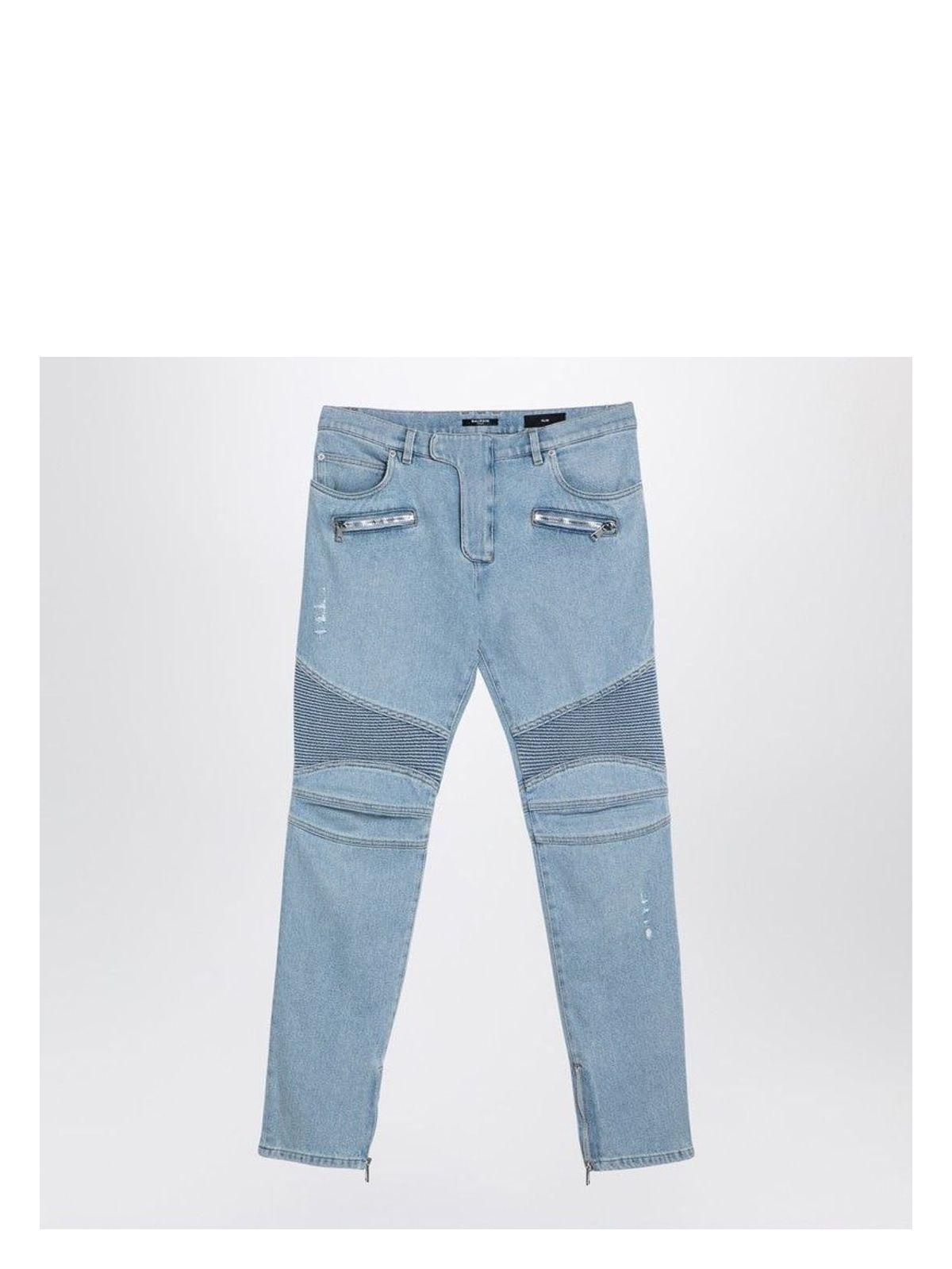 Balmain Men's Denim Biker Jeans in Light Blue
