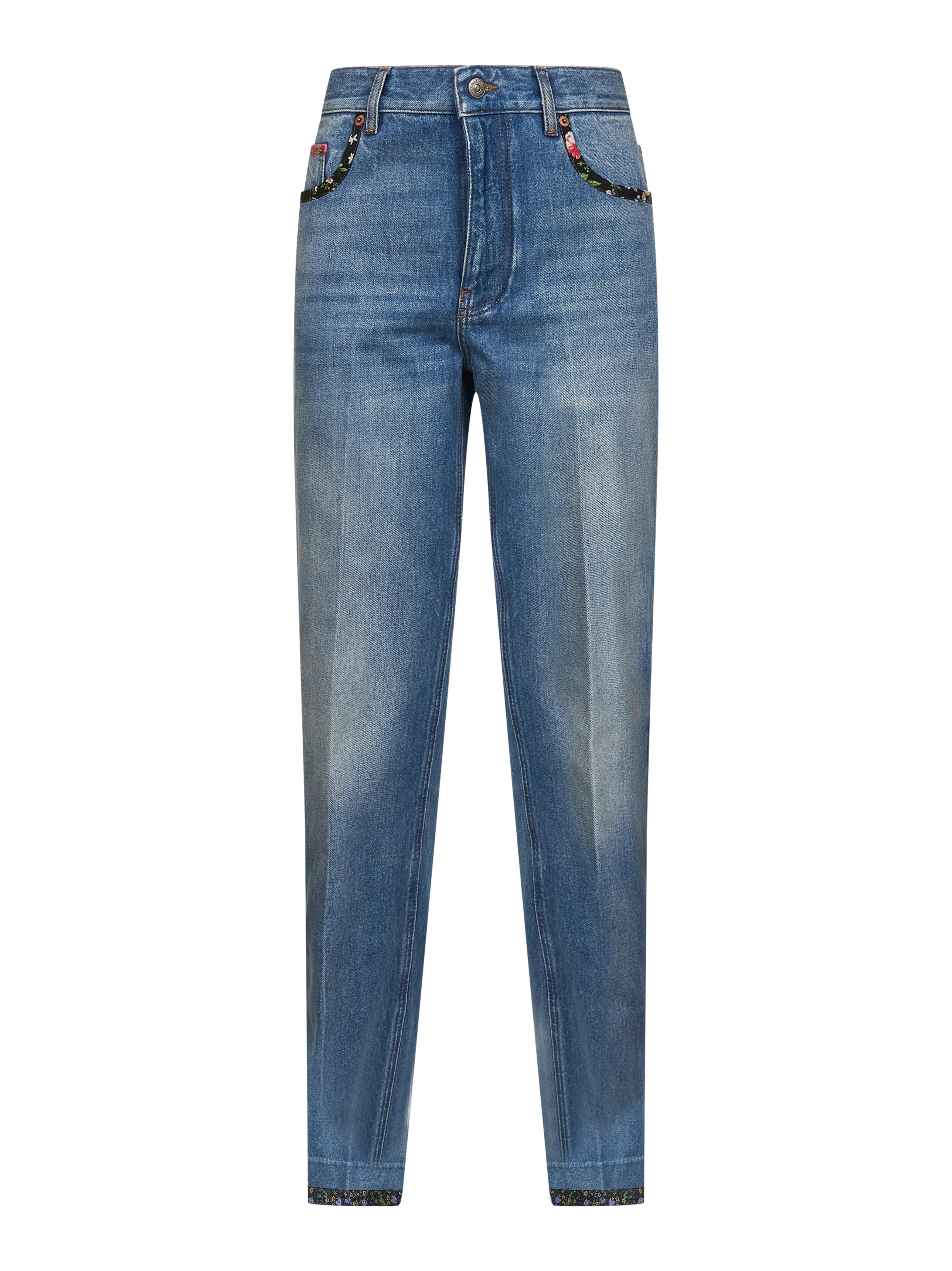 VALENTINO Blue denim jeans with floral print edges