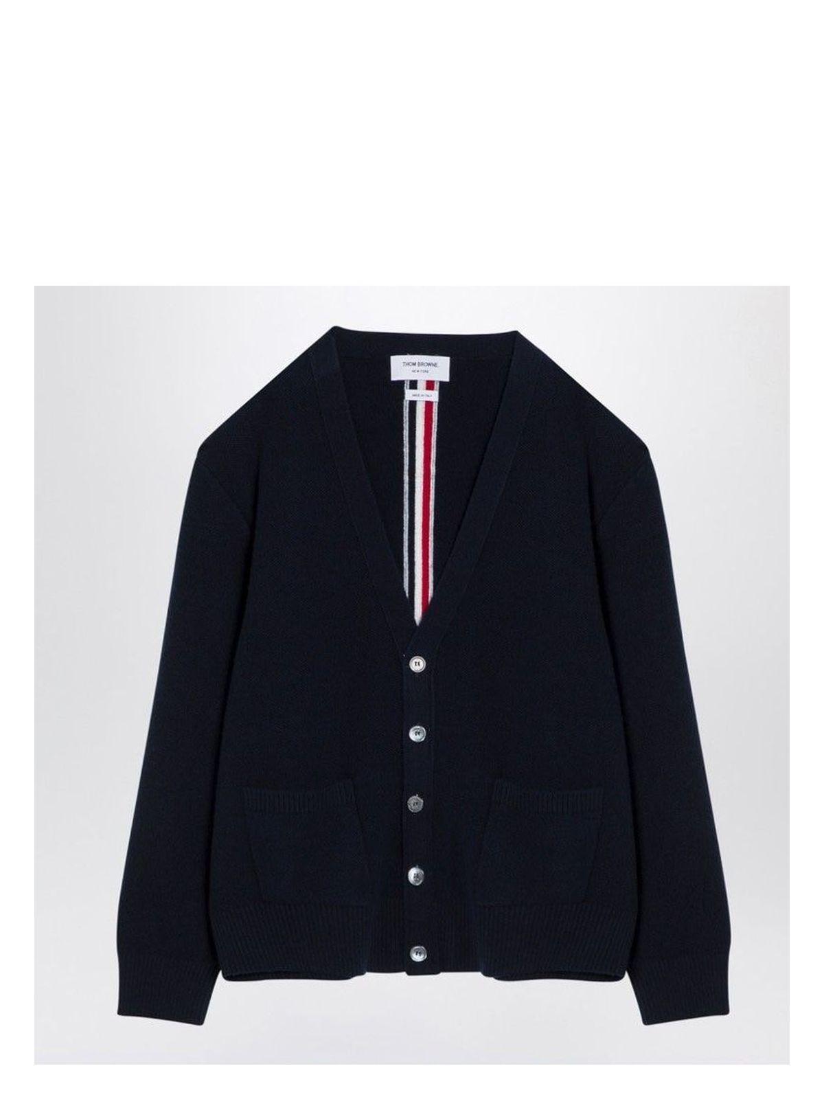Thom Browne Men's Navy Wool Cardigan with Tricolour Insert