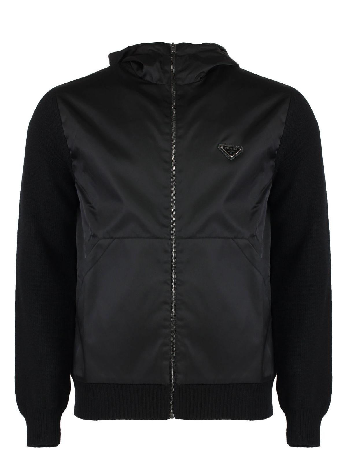 Prada Men's Cardigan With Nylon Frontal Panel in Black