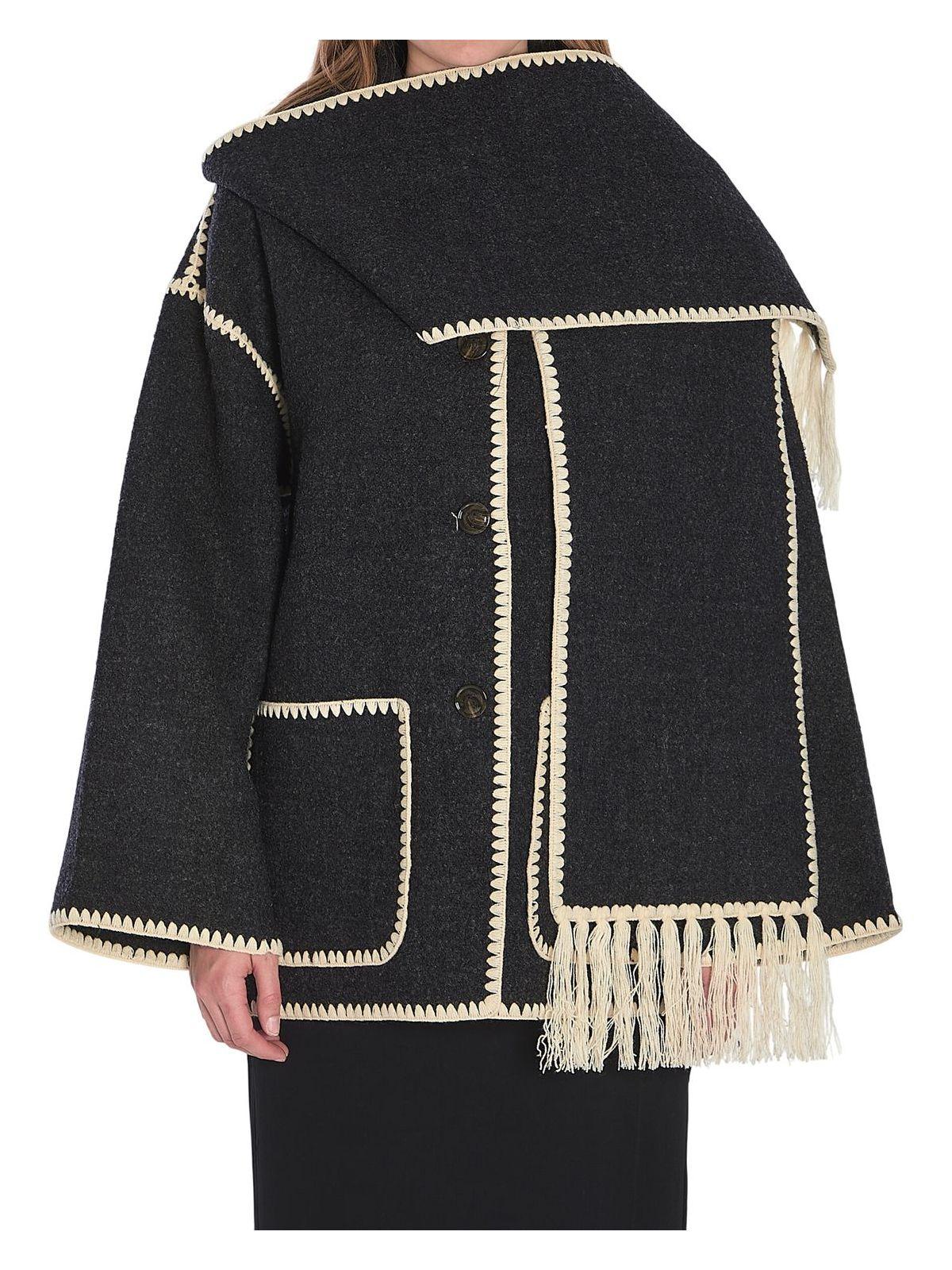 Toteme Women's Scaf Coat in Black and Grey Wool Jacket with Scarf