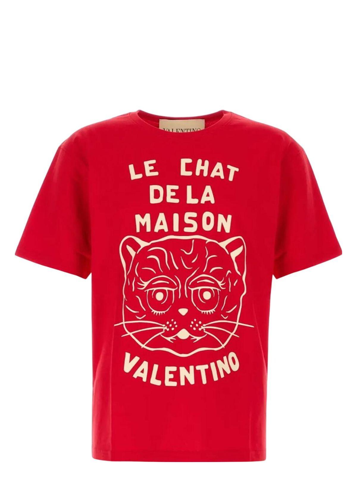 Valentino Men's T-Shirt With Le Chat De La Maison Print in Red