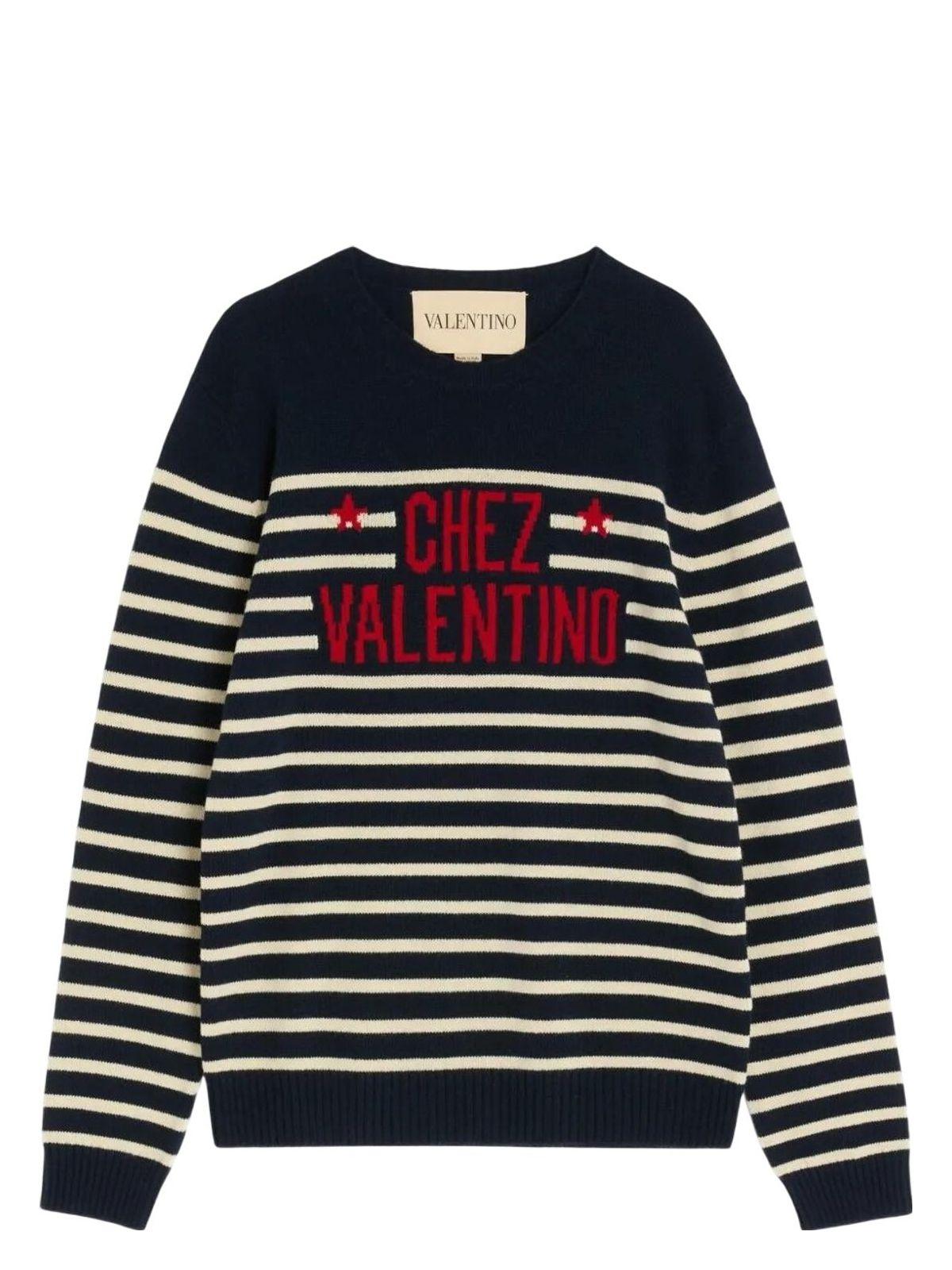Valentino Men's Sweater With Jacquard Pattern Chez in Blue and Black and White Wool Knitwear