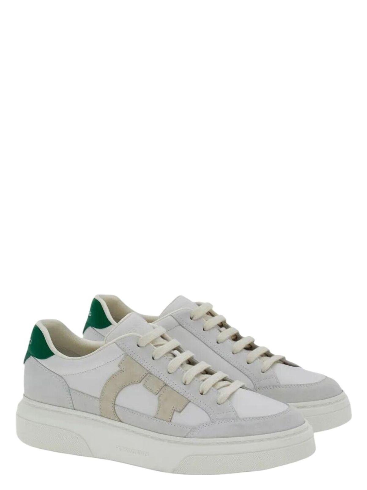 Ferragamo Men's Cassina Leather Sneakers With Gancini Patch in White