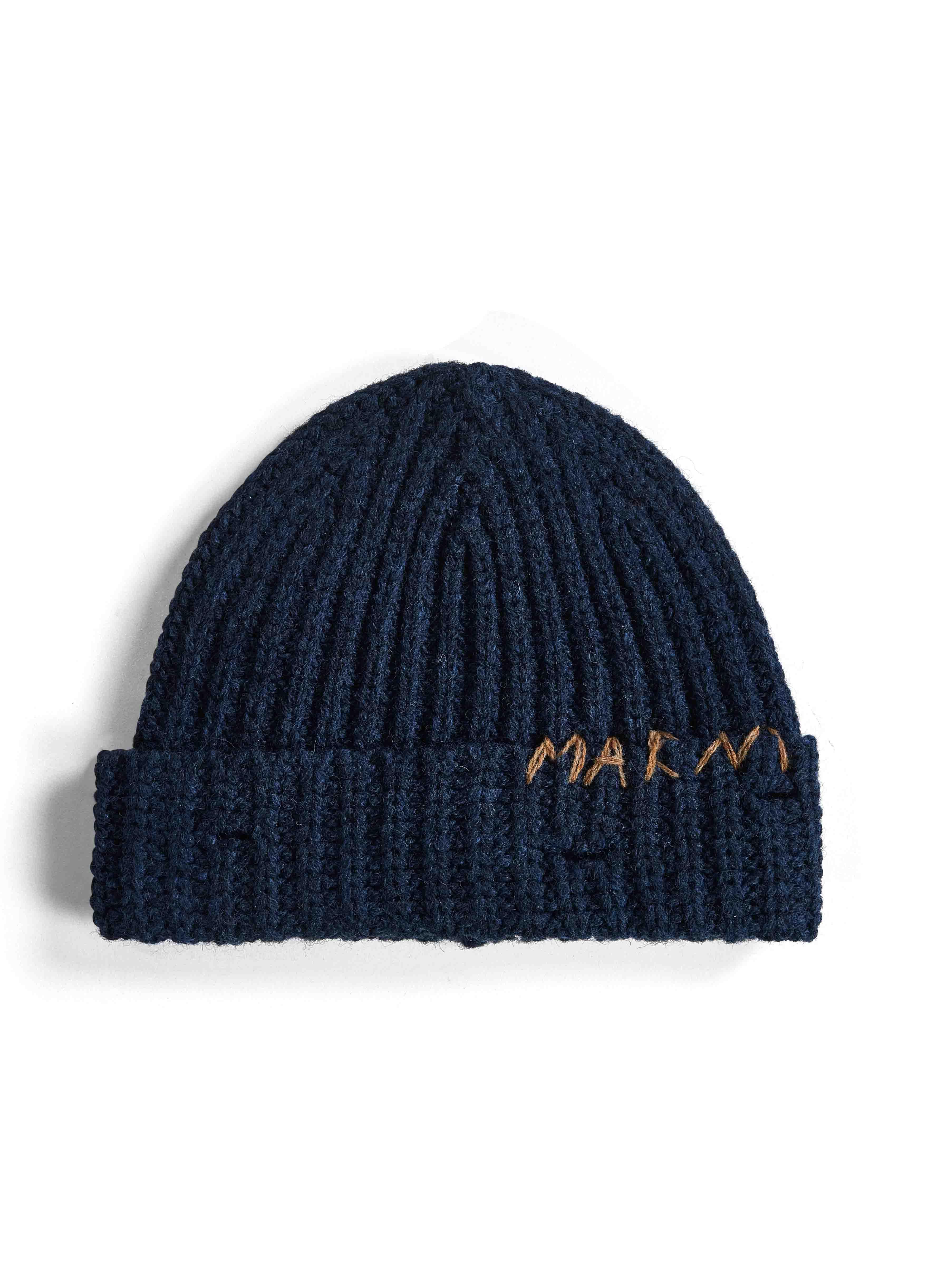 MARNI Blue Knit Hand-Stitched Logo Beanie