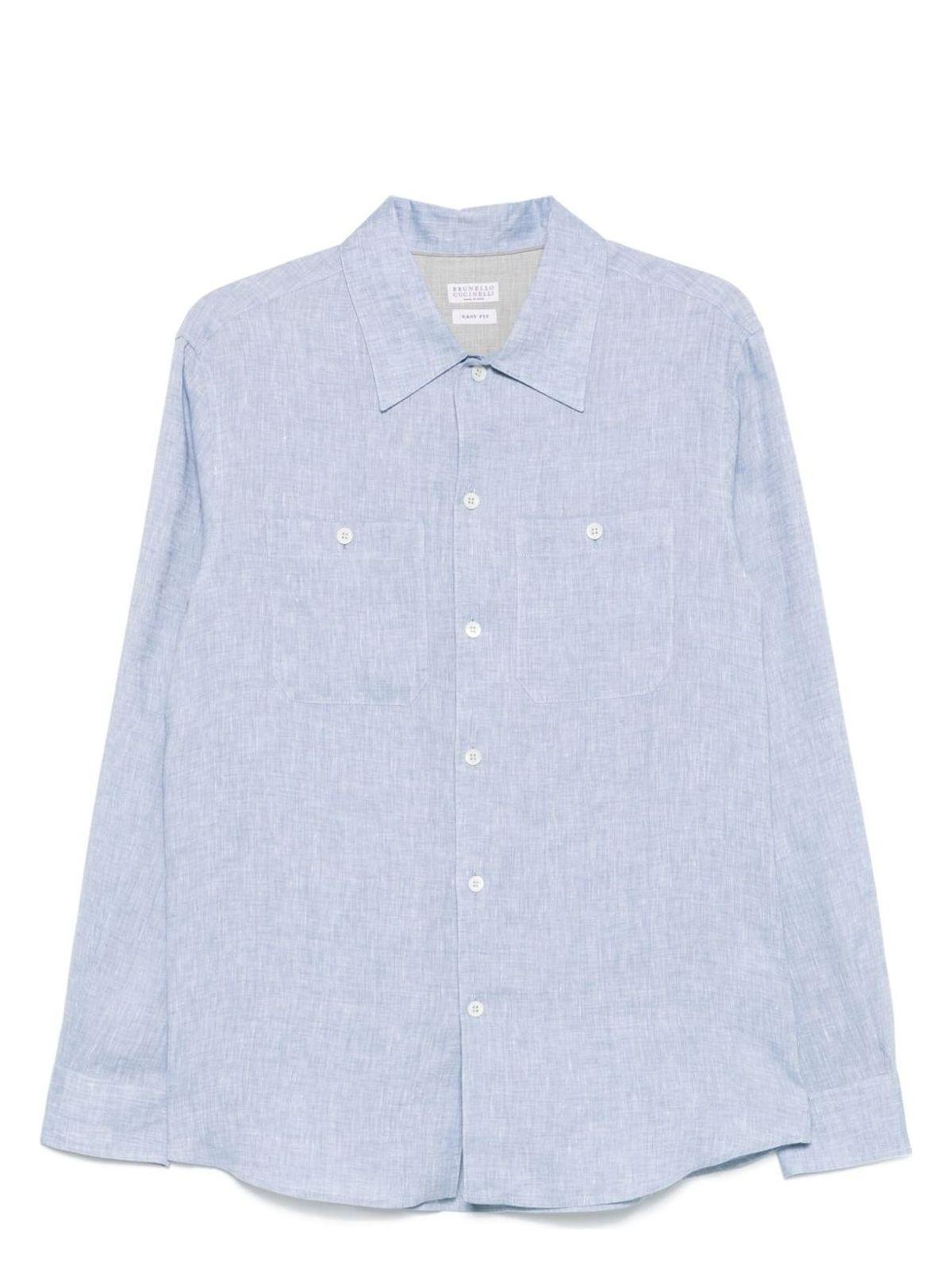 Brunello Cucinelli Men's Linen Shirt in Clear Blue