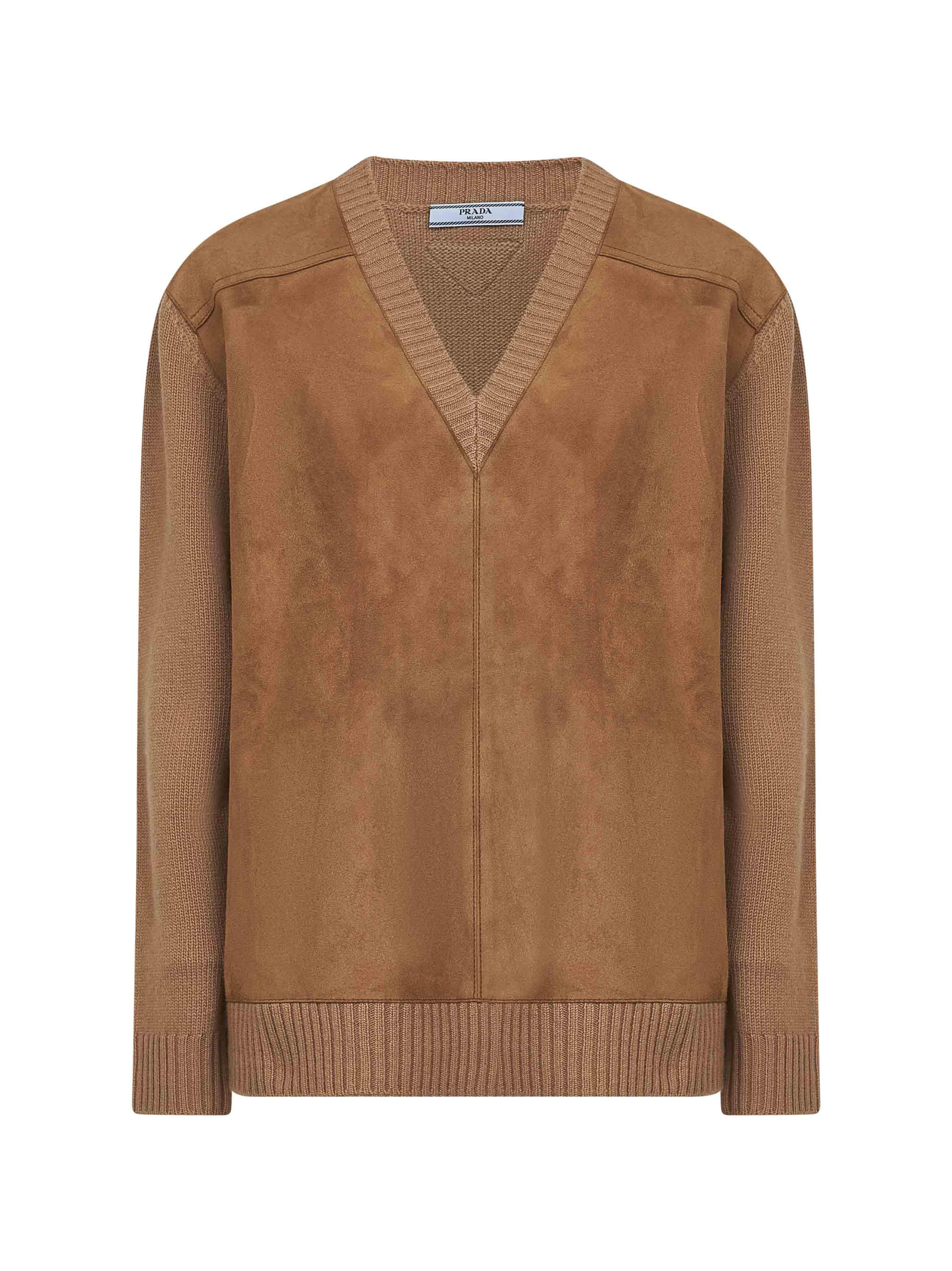 PRADA ABBIGLIAMENTO Camel Wool Blend and Suede Sweater