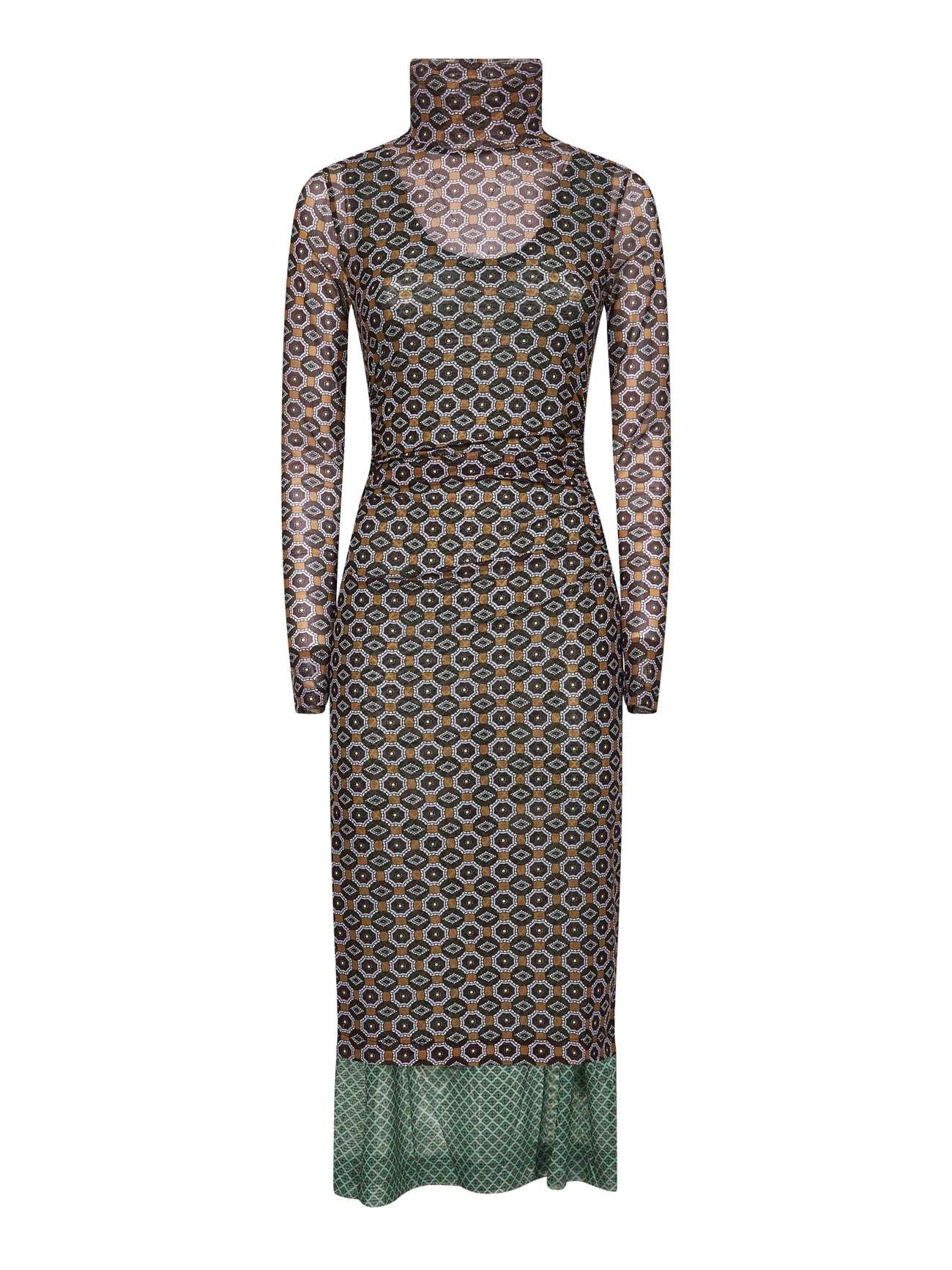 Dries Van Noten Brown Printed Mesh Layered Midi Dress